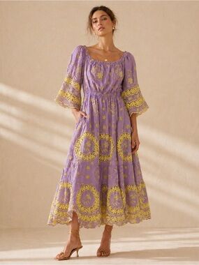 Lavender & Yellow Embroidered Maxi Dress